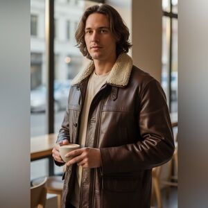 Vintage Guy Laroche Brown Leather Jacket Shearling Collar Quilted Lined XL / 44